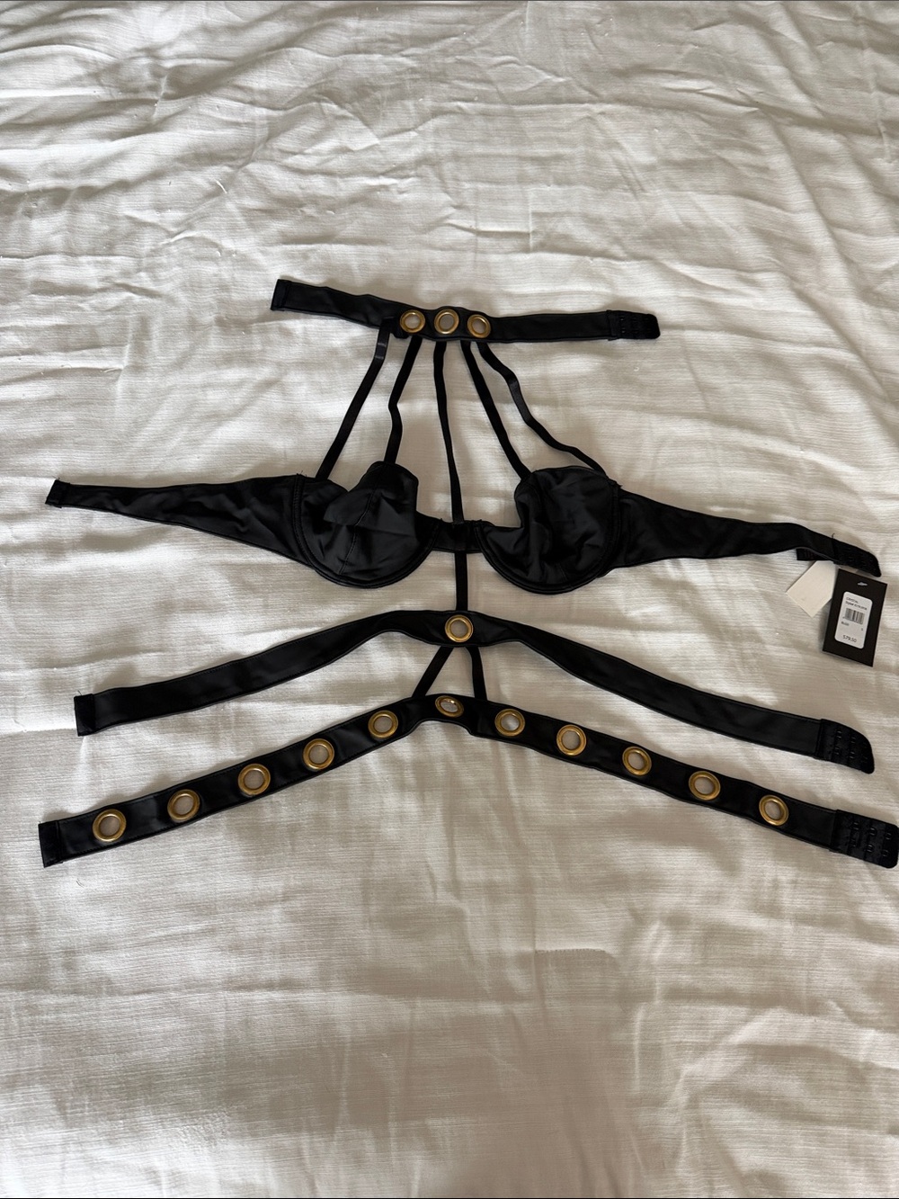 Fredericks Black Strappy Underwire Bra with Gold Ring Accents